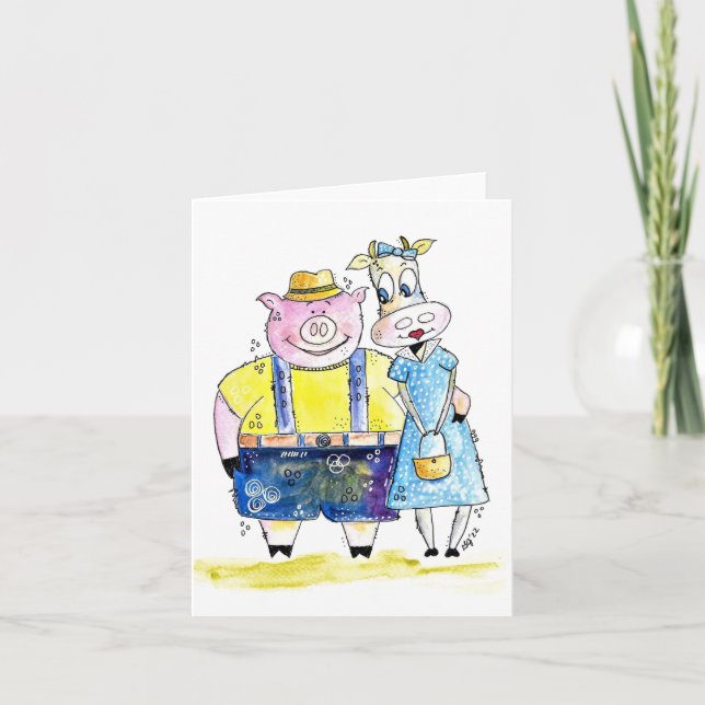 Cute Whimsical Gris och Cow Kort (Framsida)