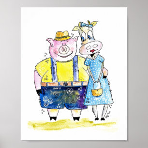 Cute Whimsical Gris och Cow Poster