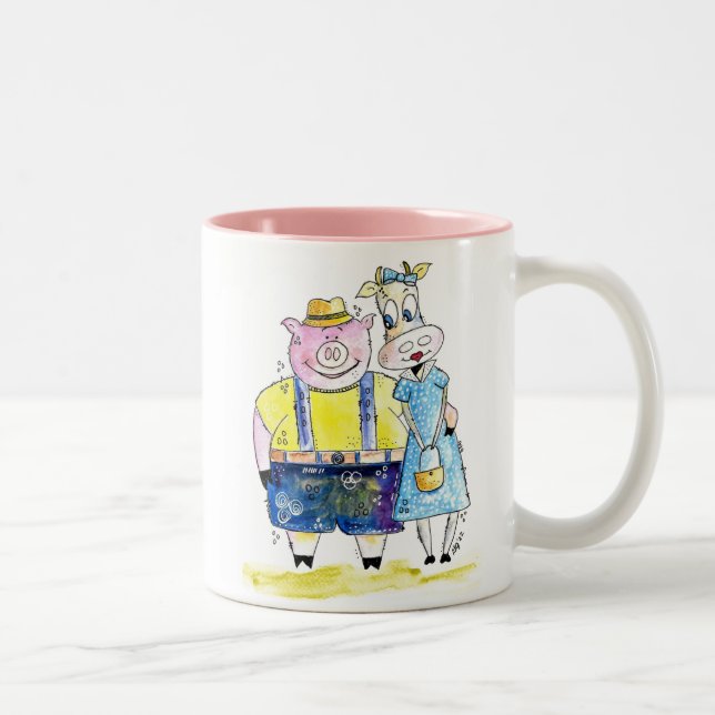 Cute Whimsical Gris och Cow Två-Tonad Mugg (Höger)