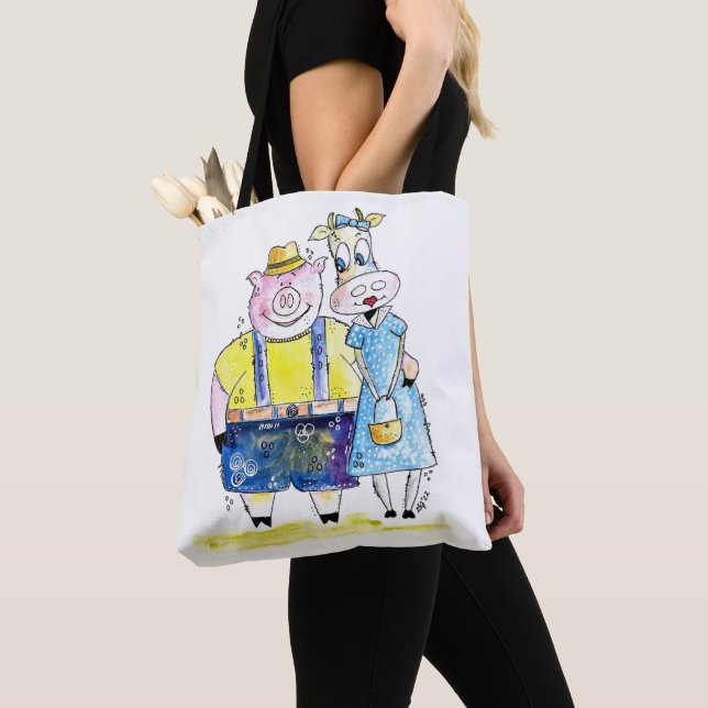 Cute Whimsical Gris och Cow Tygkasse (Närbild)