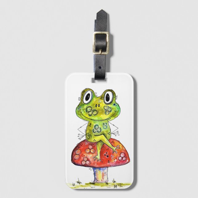 Cute Whimsical Grönt Frog på Toadstool Bagagebricka (Framsida vertikal)