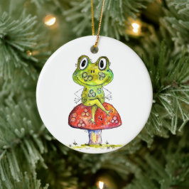 Cute Whimsical Grönt Frog på Toadstool Julgransprydnad Keramik