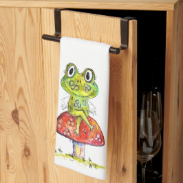 Cute Whimsical Grönt Frog på Toadstool Kökshandduk