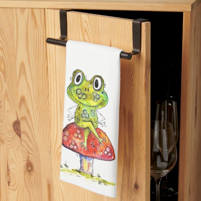 Cute Whimsical Grönt Frog på Toadstool Kökshandduk (Thirds Fold)