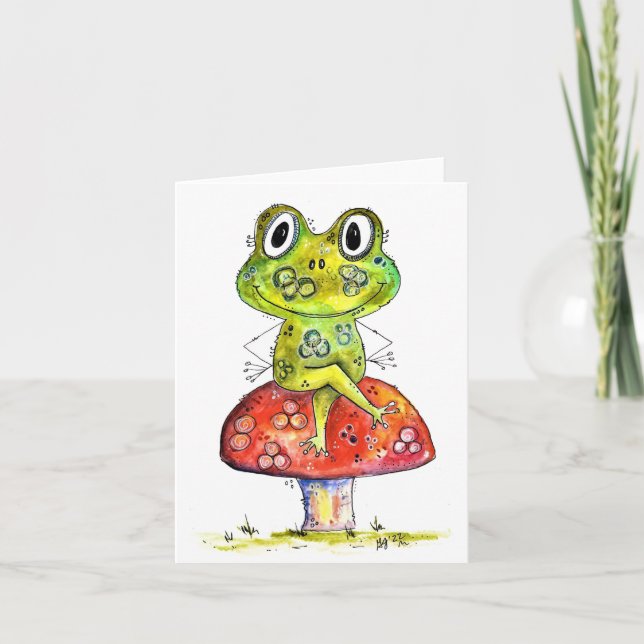 Cute Whimsical Grönt Frog på Toadstool Kort (Framsida)