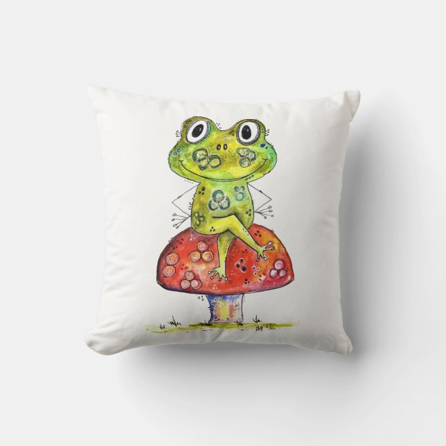 Cute Whimsical Grönt Frog på Toadstool Kudde (Framsida)