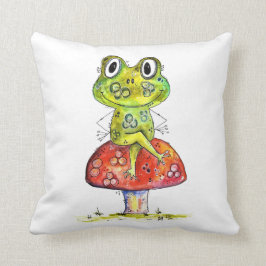 Cute Whimsical Grönt Frog på Toadstool Kudde
