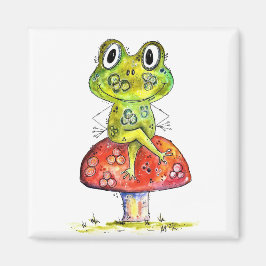 Cute Whimsical Grönt Frog på Toadstool Magnet