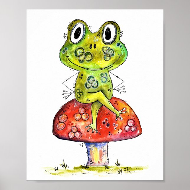 Cute Whimsical Grönt Frog på Toadstool Poster (Framsidan)