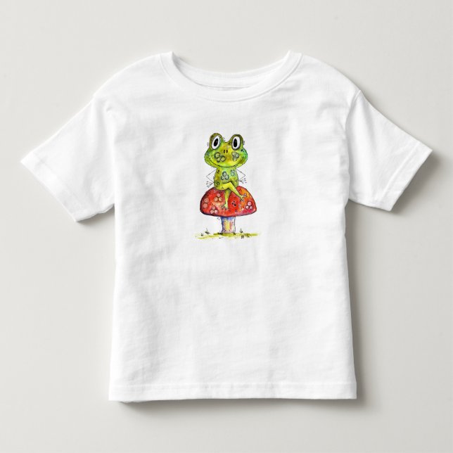 Cute Whimsical Grönt Frog på Toadstool T Shirt (Framsida)