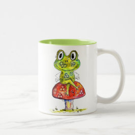 Cute Whimsical Grönt Frog på Toadstool Två-Tonad Mugg