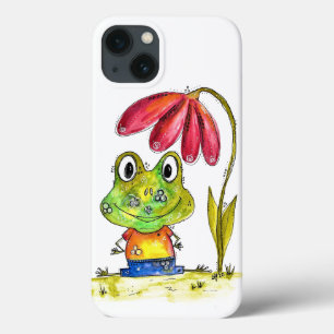 Cute Whimsical Grönt Frog under en röd blomma