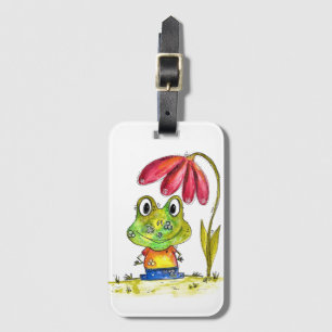 Cute Whimsical Grönt Frog under en röd blomma Bagagebricka