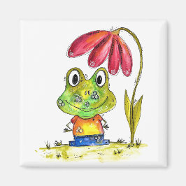Cute Whimsical Grönt Frog under en röd blomma Magnet