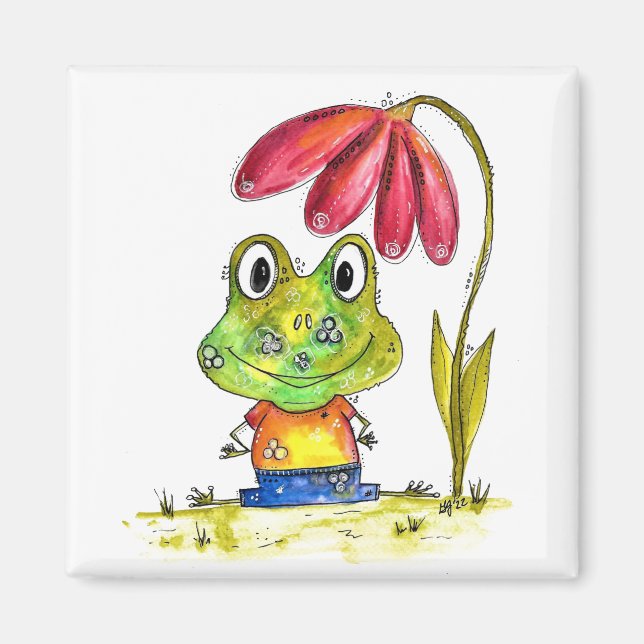 Cute Whimsical Grönt Frog under en röd blomma Magnet (Framsidan)