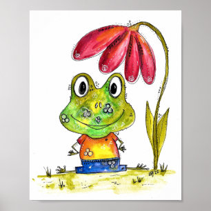 Cute Whimsical Grönt Frog under en röd blomma Poster