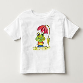Cute Whimsical Grönt Frog under en röd blomma T Shirt