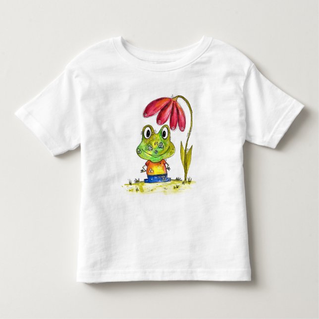 Cute Whimsical Grönt Frog under en röd blomma T Shirt (Framsida)