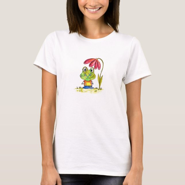Cute Whimsical Grönt Frog under en röd blomma T Shirt (Framsida)