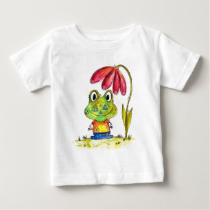 Cute Whimsical Grönt Frog under en röd blomma T Shirt