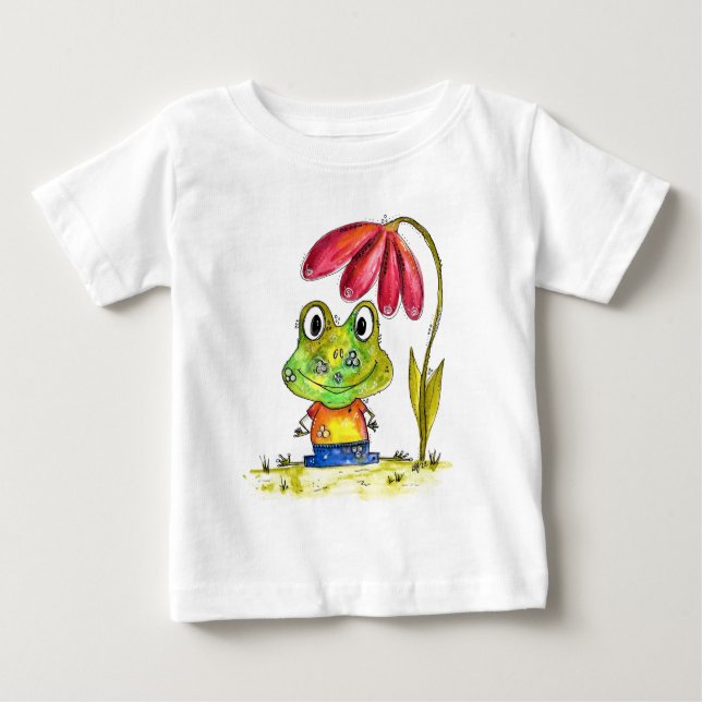 Cute Whimsical Grönt Frog under en röd blomma T Shirt (Framsida)