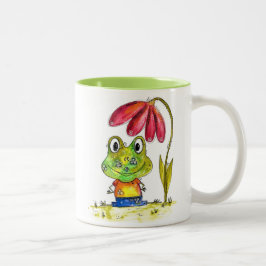 Cute Whimsical Grönt Frog under en röd blomma Två-Tonad Mugg
