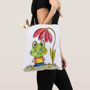 Cute Whimsical Grönt Frog under en röd blomma Tygkasse