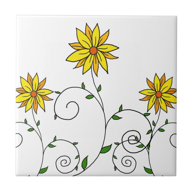 Cute Whimsical Gula blommor Doodle Art Kakelplatta (Framsidan)