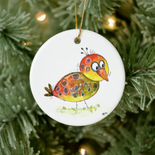 Cute Whimsical Gult Bird Julgransprydnad Keramik