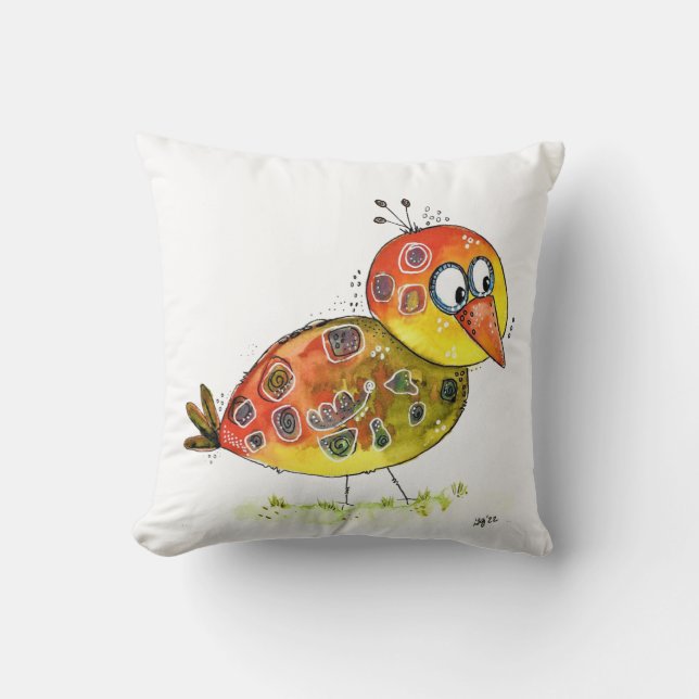 Cute Whimsical Gult Bird Kudde (Framsida)