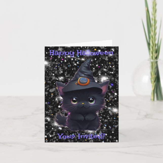 Cute whimsical Halloween Black cat Inbjudan (Framsida)