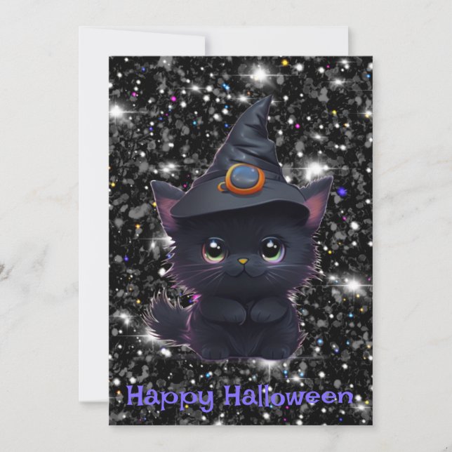 Cute whimsical Halloween Black cat Inbjudningar (Framsida)