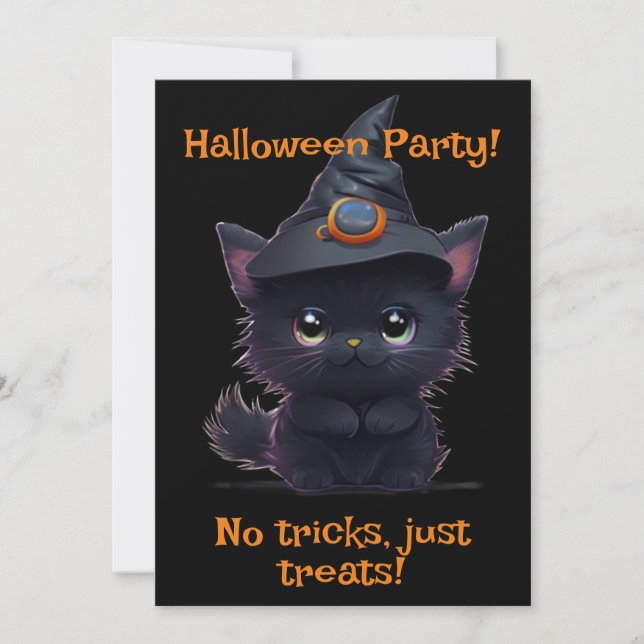 Cute whimsical Halloween Black cat Inbjudningar (Framsida)