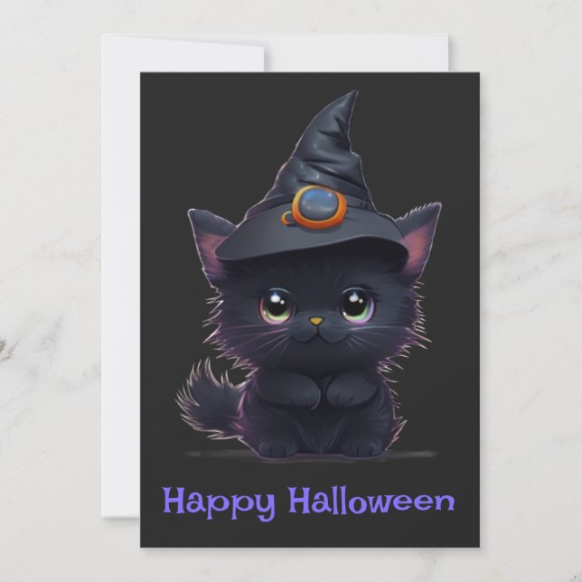Cute whimsical Halloween Black cat Inbjudningar (Framsida)