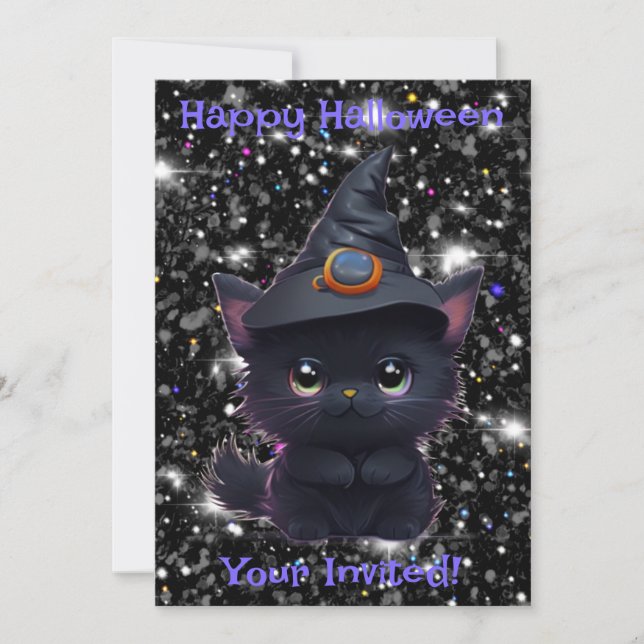 Cute whimsical Halloween Black cat Inbjudningar (Framsida)