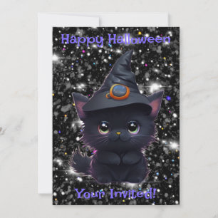 Cute whimsical Halloween Black cat Inbjudningar