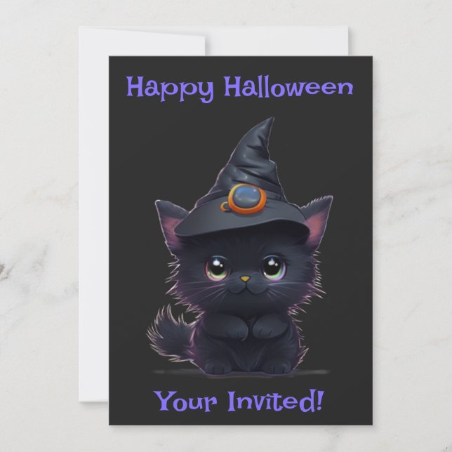 Cute whimsical Halloween Black cat Inbjudningar (Framsida)