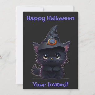 Cute whimsical Halloween Black cat Inbjudningar