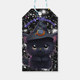 Cute whimsical Halloween Black cat Presentetikett