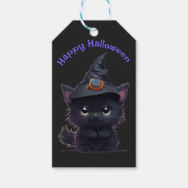 Cute whimsical Halloween Black cat Presentetikett