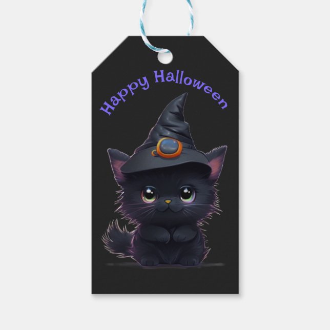 Cute whimsical Halloween Black cat Presentetikett (Framsidan)