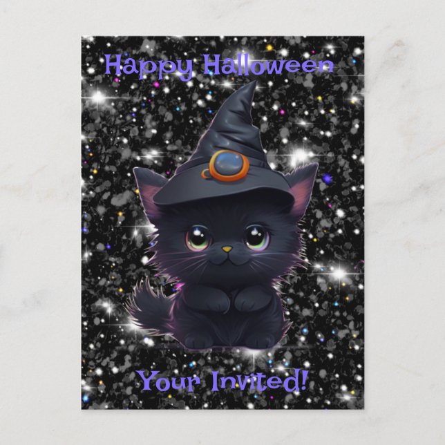 Cute whimsical Halloween Black cat Vykort (Framsida)
