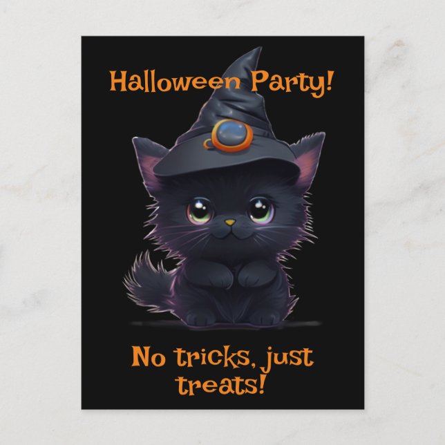 Cute whimsical Halloween Black cat Vykort (Framsida)