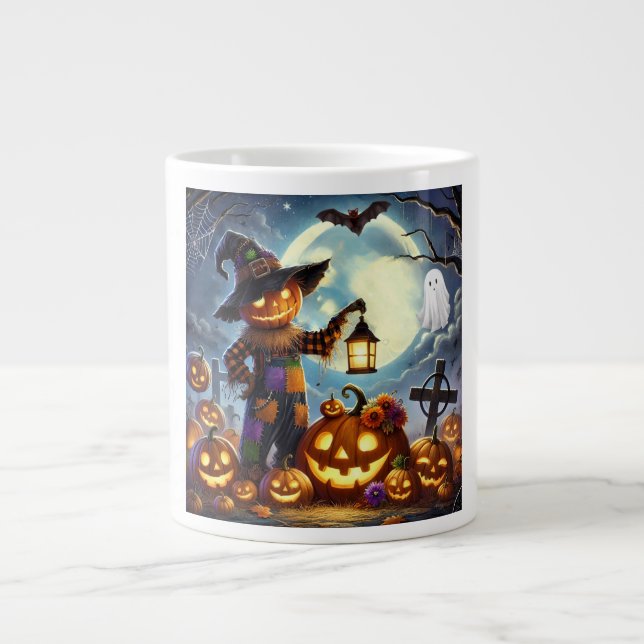 Cute, Whimsical Halloween fågelskrämma & pumpor Jumbo Mugg (Framsidan)