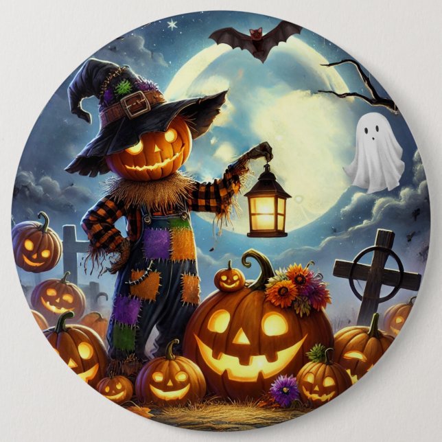 Cute, Whimsical Halloween fågelskrämma & pumpor Knapp (Framsida)