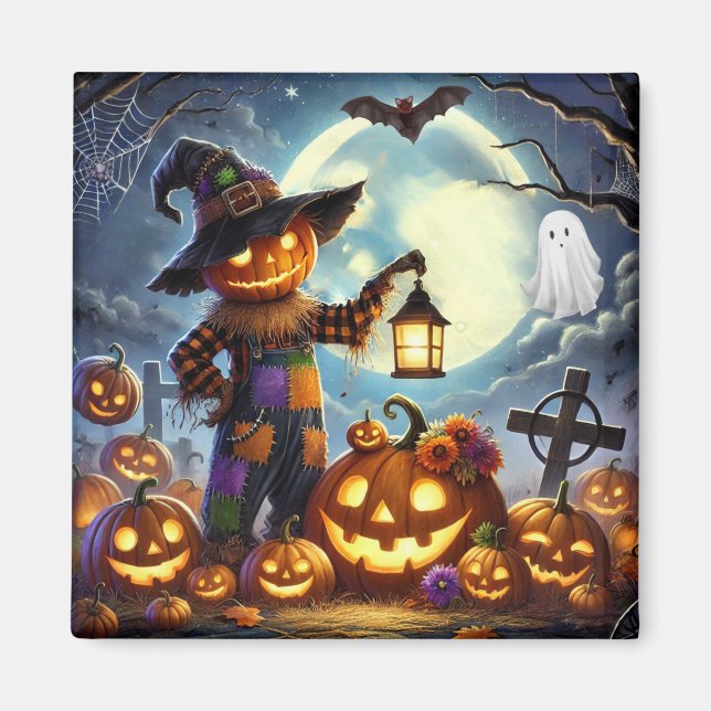 Cute, Whimsical Halloween fågelskrämma & pumpor Magnet (Framsidan)