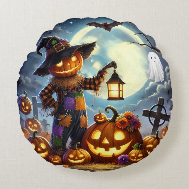 Cute, Whimsical Halloween fågelskrämma & pumpor Rund Kudde (Framsidan)