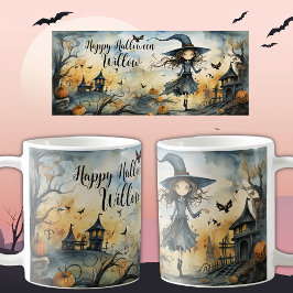 Cute Whimsical Halloween Witch, Personlig Namn Kaffemugg