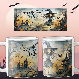 Cute Whimsical Halloween Witch, Personlig Namn Kaffemugg
