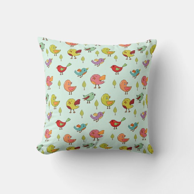 Cute Whimsical Hand Drawn Birds Mönster Kudde (Framsida)
